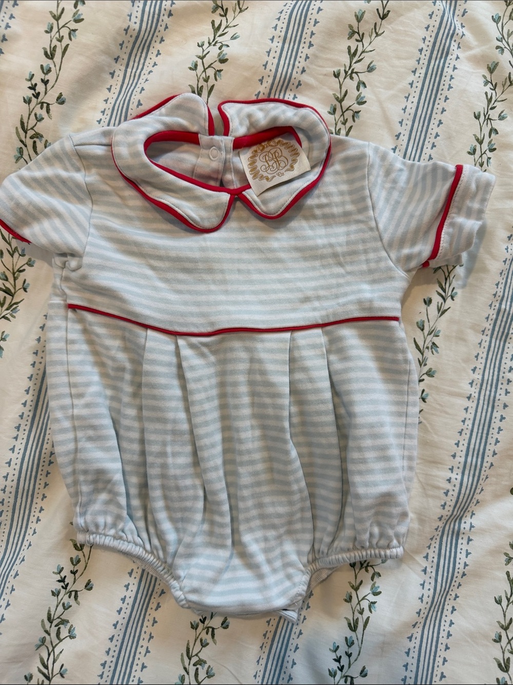 Classic Blue & White Striped Baby One-Piece with Red Trim